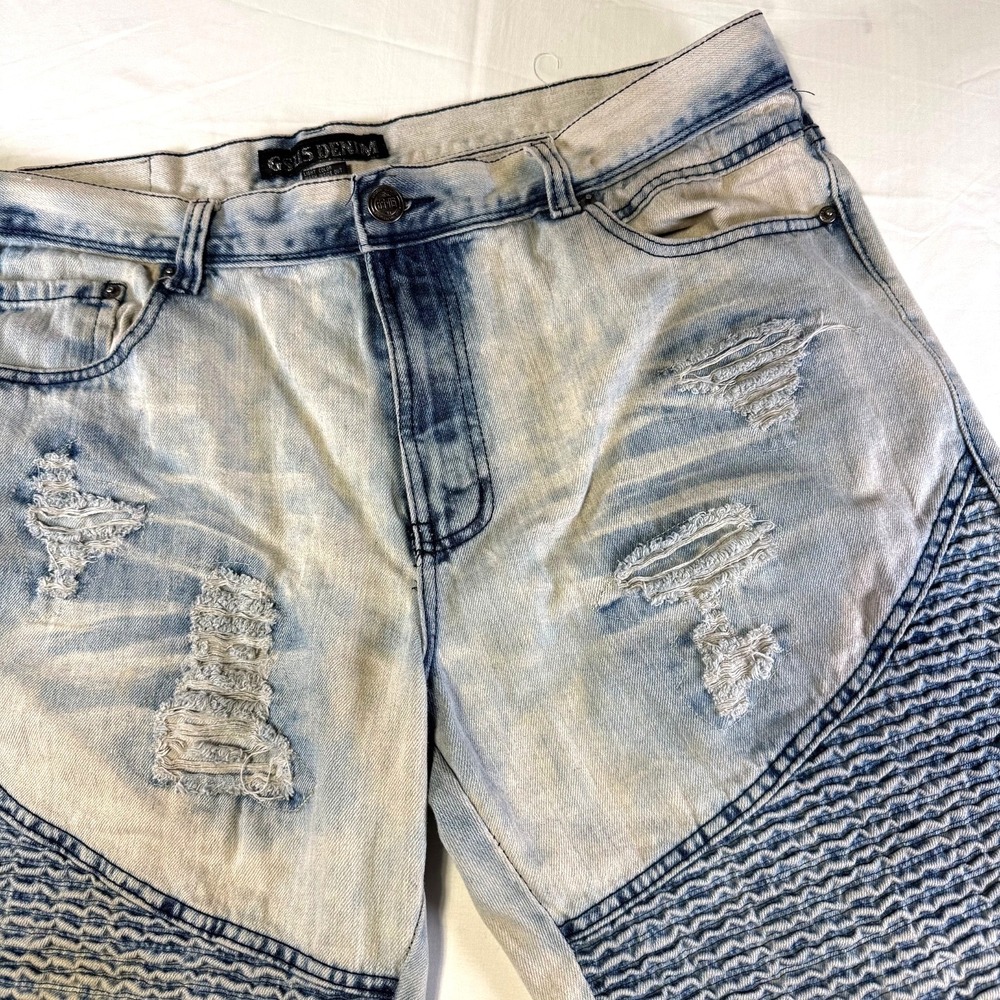 GS-115 Moto Style Blue Denim Jorts Shorts Acid Wash Distressed Men's Size 40X14